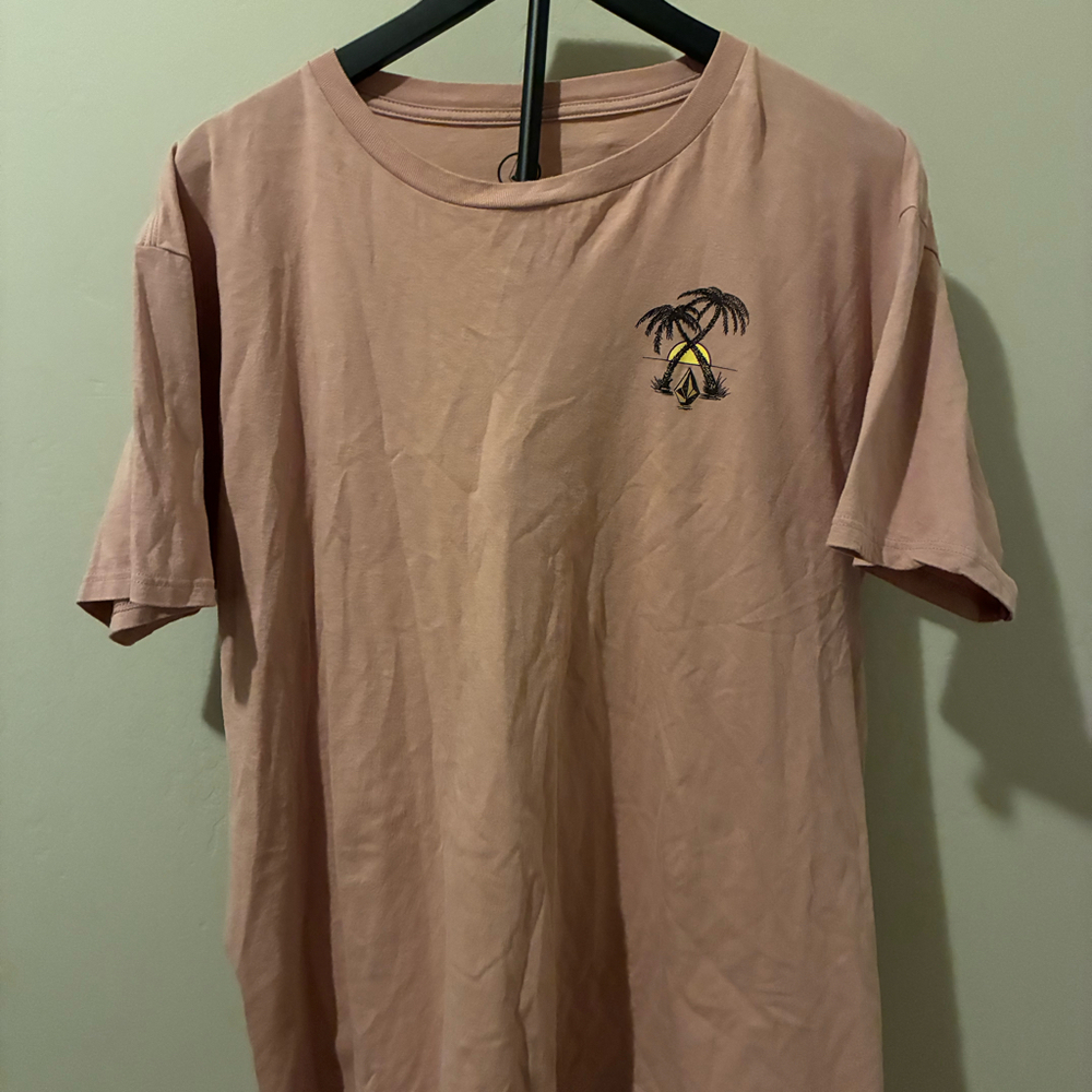 Volcom Palm Tree Graphic‎ T-Shirt XL Men's Pink Mauve Sunset Stone Logo Surf